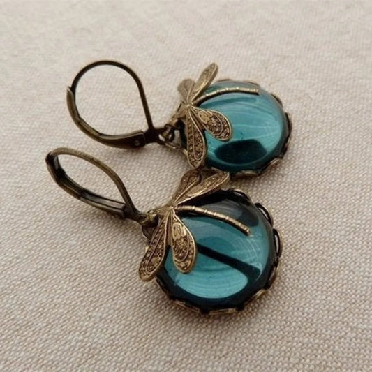 Boho Chakra Blue Moonstone Drop Earrings: Vintage Dragonfly Pendant for Women's Fashion Jewelry and Wedding Charm