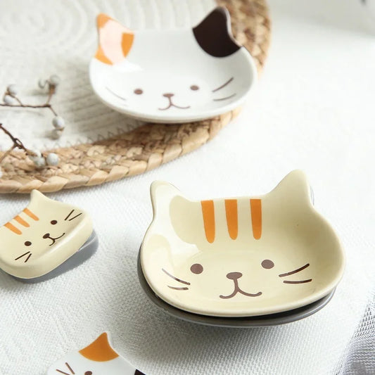 Ceramic Japanese Cute Cat Dish: Porcelain Dipping Saucer Plate for Seasoning, Snacks, and Kitchen Table