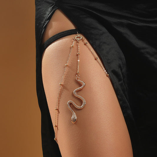 Bohemian Boho Gold Metal Beaded Chain Thigh Chain: Women's Body Jewelry with Big Snake Pendants - Beach Style Gift